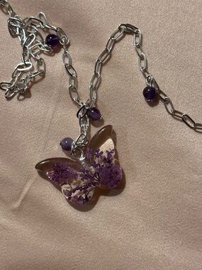 Handmade Silver Chain Necklace with Purple Butterfly Pendant